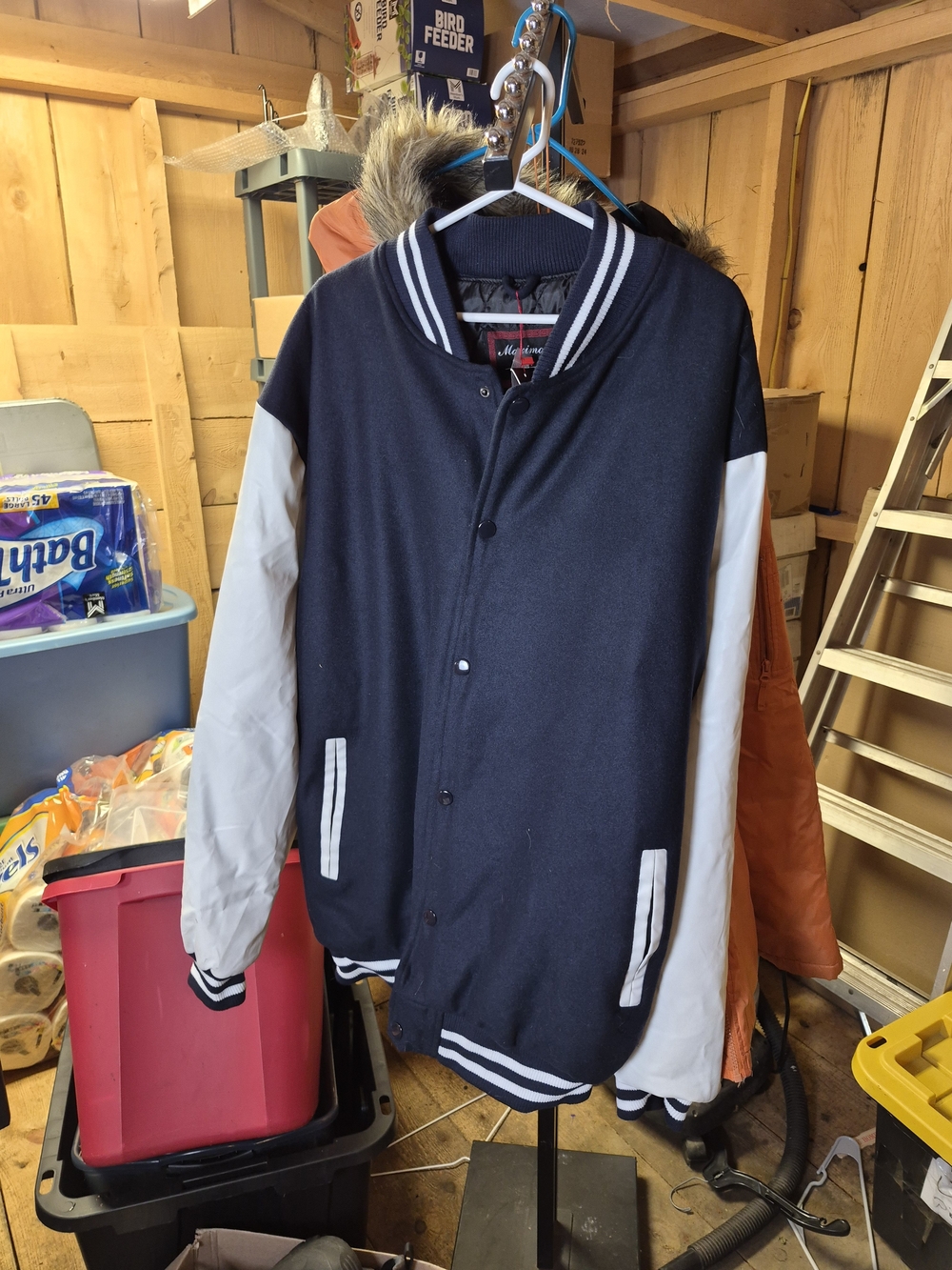 Mens Navy & White Varsity Bomber Jacket with Faux Fur Hood Bin 47